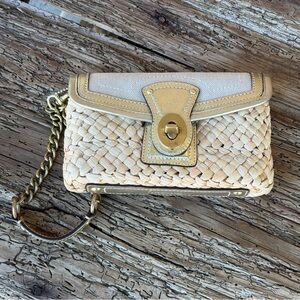 COACH Straw & Leather Turnlock Clutch | Natural Linen & Gold Tone